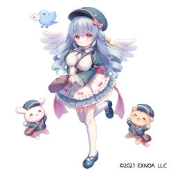  1girl :d angelic_link animal apron bag bird blue_footwear blue_hat blue_jacket blue_ribbon blue_skirt bow braid breasts cabbie_hat cat character_request closed_mouth clothed_animal collared_shirt envelope feathered_wings frilled_apron frills full_body garter_straps grey_hair hair_between_eyes hair_bow hat jacket juliet_sleeves large_breasts long_hair long_sleeves looking_at_viewer mouth_hold neck_ribbon official_art open_mouth puffy_sleeves rabbit red_bow red_eyes ribbon ringlets see-through shirt shoes shoulder_bag simple_background skirt sleeves_past_wrists smile solo standing standing_on_one_leg thighhighs usashiro_mani very_long_hair waist_apron white_apron white_background white_shirt white_thighhighs white_wings wide_sleeves wings 