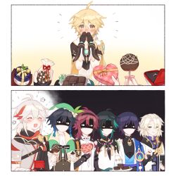  6+boys aether_(genshin_impact) ahoge albedo_(genshin_impact) antenna_hair aqua_eyes aqua_hair arm_armor arm_tattoo armor asymmetrical_sleeves bag bandaged_arm bandages belt beret black_background black_belt black_bow black_bowtie black_choker black_eyes black_hair black_hairband black_scarf black_shirt blonde_hair blue_cape blue_gemstone blue_gloves blue_hair blush bow bowtie box box_of_chocolates braid brown_corset brown_gloves brown_shirt brownie_(food) buttons candy cape chocolate choker closed_eyes collared_cape collared_shirt commentary corset covering_own_mouth detached_sleeves earrings english_commentary facial_mark fingernails flower food forehead_mark french_braid gem genshin_impact gloves gold_ring gold_trim gradient_background gradient_hair green_cape green_gemstone green_hat grey_hair grey_shirt hair_between_eyes hairband half-closed_eyes hand_up hands_up happy hat hat_flower hat_ornament heart-shaped_box highres holding holding_bag holding_box holding_plate hood hoodie japanese_clothes jealous jewelry kaedehara_kazuha kyou_0120 leaf leaf_hat_ornament long_hair long_sleeves looking_at_another male_focus mandarin_collar mismatched_sleeves multicolored_hair multiple_boys necklace no_headwear no_mouth open_clothes open_hoodie open_mouth open_vest orange_bow orange_eyes orange_gemstone pearl_necklace pink_bow plate pom_pom_(clothes) ponytail puffy_long_sleeves puffy_sleeves purple_belt purple_eyes purple_hair purple_shirt red_hair red_ribbon red_scarf ribbon ring ring_box scar scar_on_neck scaramouche_(genshin_impact) scarf shaded_face shikanoin_heizou shirt short_hair short_ponytail short_sleeves shoulder_armor sidelocks simple_background single_bare_shoulder single_detached_sleeve single_earring sleeveless sleeveless_shirt smile smug standing striped_bow striped_bowtie striped_clothes tassel tattoo twin_braids two-sided_cape two-sided_fabric two-tone_hair two-tone_shirt venti_(genshin_impact) vest vision_(genshin_impact) wanderer_(genshin_impact) wedding_ring white_background white_flower white_hair white_hoodie white_scarf white_shirt white_vest wide_sleeves wing_collar xiao_(genshin_impact) yaoi yellow_background yellow_bow yellow_cape yellow_eyes 