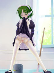 1girl android black_dress black_footwear blush bucket censored clothes_lift curtains dress dress_lift garter_straps green_eyes green_hair long_sleeves looking_down maid maid_headdress mop mouth_hold multi_(to_heart) no_panties peeing peeing_in_bowl pussy robot robot_ears shoes short_hair sky spread_pussy standing takano_hayato thighhighs to_heart to_heart_(series) tree white_thighhighs window rating:Explicit score:18 user:cpee