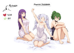  3girls barefoot bed black_nightgown breasts closed_eyes elf feet fern_(sousou_no_frieren) frieren green_hair jk_arts large_breasts long_hair medium_hair multiple_girls nightgown pointy_ears purple_eyes purple_hair sleepwear smile sousou_no_frieren stretching toenails toes twintails white_hair 