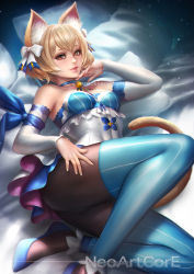1girl animal_ears arm_ribbon artist_name ass bare_shoulders black_pantyhose blonde_hair blue_choker blue_footwear blue_pantyhose blue_ribbon blush bow breasts brown_eyes cat_ears cat_girl cat_tail choker detached_sleeves dress felix_argyle frills genderswap genderswap_(mtf) hair_bow hand_on_own_chin hand_on_own_thigh long_sleeves looking_at_viewer neoartcore pantyhose parted_lips pillow re:zero_kara_hajimeru_isekai_seikatsu ribbon shoes short_dress short_hair small_breasts smile solo strapless strapless_dress striped_clothes striped_pantyhose tail vertical-striped_clothes vertical-striped_pantyhose white_bow white_dress rating:Sensitive score:92 user:danbooru