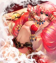  1girl arm_up armlet armpits blue_eyes blush bracelet breasts cleavage elf genie jewelry large_breasts long_hair looking_at_viewer lots_of_jewelry navel oil_lamp original parted_lips pink_hair pointy_ears qbspdl smile solo very_long_hair  rating:Sensitive score:45 user:danbooru