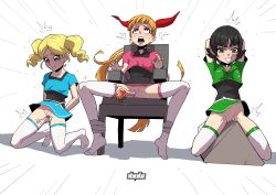  3girls absurdres arms_behind_back arms_behind_head artist_request bdsm black_hair blonde_hair blossom_(ppg) blush bondage bound breasts bubbles_(ppg) buttercup_(ppg) clenched_teeth drooling feet female_focus full_body fusionfall highres lip_biting loli multiple_girls no_shoes object_insertion open_mouth powerpuff_girls pussy restrained rolling_eyes saliva simple_background small_breasts teeth thighhighs tongue trembling upper_teeth_only vaginal vaginal_object_insertion white_legwear 