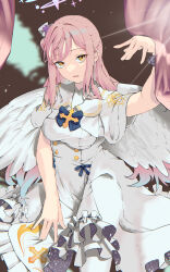  1girl absurdres arm_up blue_archive breasts capelet commentary_request curtains dress feathered_wings halo highres long_hair looking_at_viewer medium_breasts mika_(blue_archive) o_4bs pantyhose parted_lips pink_hair pink_halo scrunchie solo white_capelet white_dress white_pantyhose white_wings wings wrist_scrunchie yellow_eyes 