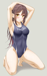  armpits arms_on_head arms_up barefoot black_one-piece_swimsuit blush breasts brown_hair closed_mouth competition_swimsuit full_body grey_background hands_on_head highleg highleg_one-piece_swimsuit highleg_swimsuit kneeling long_hair medium_breasts miel_(lessontome) one-piece_swimsuit original simple_background smile swimsuit toes yellow_eyes 