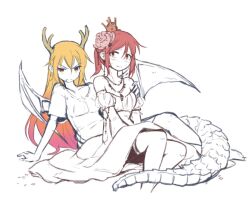 2girls alternate_costume bare_shoulders blonde_hair blush breasts crown dragon_girl dragon_horns dragon_tail dragon_wings flower frown girl_on_top gradient_hair hair_flower hair_ornament hand_on_ground heartgear horns jewelry kobayashi-san_chi_no_maidragon kobayashi_(maidragon) long_hair looking_at_viewer lying multicolored_hair multiple_girls necklace orange_eyes orange_hair red_hair short_sleeves simple_background sitting tail tohru_(maidragon) white_background wings 