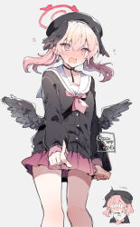  &lt;|&gt;_&lt;|&gt; 1girl artist_name beret black_hat black_shirt black_wings blue_archive blush chibi collarbone feathered_wings feet_out_of_frame from_below hair_between_eyes halo hat head_tilt head_wings highres ikeuchi_tanuma koharu_(blue_archive) long_sleeves looking_at_viewer low_twintails low_wings mini_wings neckerchief nose_blush open_mouth pink_hair pink_neckerchief pleated_skirt pointing purple_eyes purple_skirt sailor_collar school_uniform serafuku shirt signature simple_background sitting skirt sleeves_past_wrists slit_pupils solo surprised sweat sweatdrop tearing_up tears twintails twitter_username wavy_mouth white_background white_sailor_collar wings 