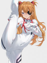 1girl ass blue_bodysuit blue_eyes bodysuit breasts cameltoe closed_mouth commentary_request covered_navel curvy embarrassed evangelion:_3.0+1.0_thrice_upon_a_time eyepatch flexible grabbing grabbing_own_breast grey_background hair_ornament highres huge_ass interface_headset leg_up lips long_sleeves looking_back medium_breasts mhk_(mechamania) neon_genesis_evangelion orange_hair plugsuit rebuild_of_evangelion simple_background skin_tight solo souryuu_asuka_langley split standing standing_on_one_leg standing_split sweat sweatdrop twintails white_bodysuit white_theme wide_hips rating:Sensitive score:141 user:danbooru