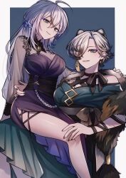  2girls ahoge blue_eyes breasts cleavage double_bun earrings grey_hair hair_bun hair_over_one_eye hand_on_another&#039;s_shoulder hand_on_another&#039;s_waist highres jewelry kunai_nakasato large_breasts long_hair looking_at_viewer miaochan_zzz mole mole_under_mouth multicolored_hair multiple_girls nijisanji nijisanji_en short_hair sitting sitting_on_lap sitting_on_person smile streaked_hair tattoo victoria_brightshield virtual_youtuber  rating:Sensitive score:1 user:danbooru