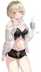  1girl absurdres alternate_costume artist_name bare_shoulders black_bra black_shorts blonde_hair blush bra breasts brown_eyes coffee cup dolphin_shorts dress genshin_impact hair_between_eyes harune_rane highres holding holding_cup lace lace-trimmed_bra lace_trim large_breasts lumine_(genshin_impact) navel open_clothes open_dress short_hair_with_long_locks short_shorts shorts simple_background solo steam thighs underwear white_background white_dress 
