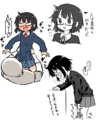 1girl between_legs black_hair blank_eyes blue_skirt blue_sweater blush censored collared_shirt commentary_request cropped_legs cropped_shoulders forced glasses hand_between_legs hands_on_another&#039;s_waist heavy_breathing highres joints kagaku_chop long_sleeves meis_(terameisu) multiple_views nagakura_ren neck_ribbon nervous_sweating nose_blush novelty_censor partially_colored pee peeing peeing_self pleated_skirt red_ribbon ribbon robot robot_joints shirt short_hair simple_background skirt smile standing straddling sweat sweater translation_request 