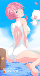  10s 1girl ass bag bare_shoulders barefoot beach blue-senpai blue_eyes breasts cameltoe final_fantasy final_fantasy_xiii final_fantasy_xiii-2 from_behind large_breasts long_hair looking_at_viewer looking_back mog_(ffxiii-2) one-piece_swimsuit patreon pink_hair ponytail serah_farron shiny_clothes shiny_skin sideboob sitting smile swimsuit wariza watermark web_address  rating:Questionable score:62 user:armorcrystal