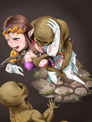  artist_request biting blood blue_eyes blush grabbing_another&#039;s_breast breasts chain grabbing guro highres nintendo pointy_ears princess_zelda redead the_legend_of_zelda thighhighs torn_clothes zombie  rating:Explicit score:64 user:chucky69