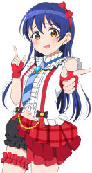  1girl :d black_shorts blue_hair blue_necktie bokura_wa_ima_no_naka_de bow bow_hairband bridal_garter commentary_request cowboy_shot dark_blue_hair diagonal-striped_clothes diagonal-striped_necktie earrings fingerless_gloves frilled_shirt frilled_shorts frills gloves hairband highres index_fingers_raised jenny_(je2live) jewelry long_hair looking_at_viewer love_live! love_live!_school_idol_project navel necktie nervous_smile open_mouth orange_eyes partial_commentary plaid plaid_skirt puffy_shorts red_bow red_gloves red_hairband red_skirt shirt shorts skirt sleeveless sleeveless_shirt smile solo sonoda_umi striped_clothes stud_earrings suspender_skirt suspenders 