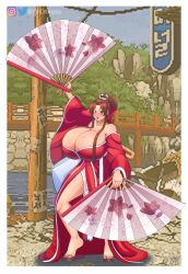  absurdres breasts fatal_fury gigantic_breasts highres japanese_clothes kimono shiranui_mai victory_pose  rating:Sensitive score:7 user:railbreaker