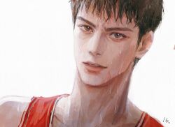 1boy brown_eyes brown_hair character_request dong2342 fangs looking_at_viewer male_focus parted_lips portrait realistic red_tank_top simple_background slam_dunk_(series) solo sweat sweatdrop tank_top very_sweaty white_background rating:General score:2 user:danbooru