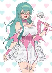  bleach breasts green_hair highres large_breasts long_hair nelliel_tu_odelschwanck one_eye_closed open_mouth skirt smile 