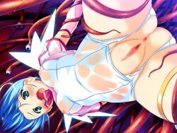  1girl angel anus blue_hair djibril_(makai_tenshi_djibril) female_focus green_eyes kuuchuu_yousai makai_tenshi_djibril manabe_rika pussy restrained solo swimsuit thigh_strap torn_clothes uncensored wet wet_clothes wings 