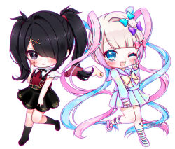  2girls ;d ame-chan_(needy_girl_overdose) black_eyes black_hair black_ribbon black_skirt black_socks blonde_hair blue_bow blue_eyes blue_hair blue_serafuku blue_shirt blue_skirt blunt_bangs blush bow chibi chouzetsusaikawa_tenshi-chan collared_shirt dual_persona full_body gelulu hair_bow hair_ornament hair_over_one_eye hand_on_own_cheek hand_on_own_face hand_up kneehighs long_hair long_sleeves looking_at_viewer multicolored_hair multiple_girls multiple_hair_bows neck_ribbon needy_girl_overdose one_eye_closed open_mouth pink_bow pink_hair pleated_skirt purple_bow quad_tails red_shirt red_wings ribbon sailor_collar school_uniform serafuku shirt shoes simple_background skirt smile socks standing standing_on_one_leg suspender_skirt suspenders twintails v very_long_hair white_background white_wings wings x_hair_ornament 