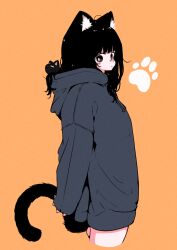  1girl animal_ear_fluff animal_ears black_cat black_eyes cat cat_ears cat_girl cat_tail cropped_legs from_side highres hood hoodie long_hair looking_at_viewer megateru orange_background original oversized_clothes solo tail 