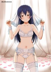 1girl absurdres bed blue_hair blush box_wonderland bra breasts bridal_garter bridal_lingerie bridal_veil collarbone commentary cowboy_shot curtains day garter_belt garter_straps hands_up highres indoors lace lace_bra light_smile lingerie long_hair looking_at_viewer love_live! love_live!_school_idol_project medium_breasts navel panties petals see-through solo sonoda_umi stomach thighhighs thighs underwear veil white_bra white_headwear white_panties white_thighhighs wrist_cuffs yellow_eyes rating:Sensitive score:106 user:danbooru