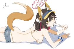  1girl animal_ear_fluff animal_ears ass bikini black_hair blue_archive blue_shorts breasts eating eyeshadow food fox_ears fox_tail gomibako_(gomibako_price) halo highres holding holding_food izuna_(blue_archive) izuna_(swimsuit)_(blue_archive) looking_at_viewer lying makeup official_alternate_costume on_stomach popsicle red_eyeshadow red_halo short_hair short_shorts shorts simple_background small_breasts solo swimsuit tail white_background yellow_eyes  rating:Sensitive score:7 user:danbooru