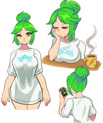  1girl breasts cellphone digicheeze green_hair hair_bun highres kid_icarus kid_icarus_uprising large_breasts nintendo palutena phone shirt solo tired white_shirt 