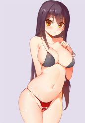 10s 1girl akagi_(kancolle) bad_id bad_pixiv_id bare_legs bare_shoulders bikini black_hair blush breast_suppress breasts brown_eyes cleavage closed_mouth collarbone covered_erect_nipples cowboy_shot eyebrows eyes_visible_through_hair holding kantai_collection large_breasts long_hair looking_at_viewer navel shiny_skin simple_background skindentation solo stomach string_bikini striped sweat swimsuit unaligned_breasts untied_bikini very_long_hair wrist_cuffs yostxxx rating:Questionable score:40 user:danbooru