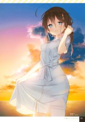 1girl absurdres ahoge bow braid breasts brown_hair cloud cloudy_sky dress grey_eyes hair_ornament highres huge_filesize jewelry kantai_collection lifted_by_self naoto_(tulip) ocean outdoors ring scan see-through shigure_(kancolle) simple_background skirt_hold sky small_breasts sunset wedding_band wet wet_clothes wet_hair white_bow white_dress rating:Questionable score:8 user:danbooru