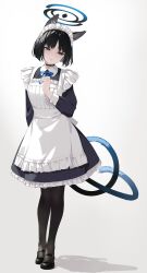  1girl alternate_costume animal_ear_fluff animal_ears apron black_choker black_dress black_eyes black_footwear black_hair black_pantyhose blue_archive blue_halo blush breasts cat_ears cat_tail choker dress enmaided full_body gradient_background halo highres kikyou_(blue_archive) long_sleeves maid maid_apron maid_headdress medium_breasts multiple_tails open_mouth pantyhose rokuwata_tomoe shoes short_hair solo tail two_tails white_apron  rating:General score:7 user:danbooru
