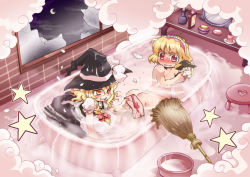  2girls alice_margatroid artistic_error bath bathtub blonde_hair blush bow braid breast_hold breasts broken broom candle character_doll chibi claw_foot_bathtub covering_breasts covering_privates crescent_moon doll dress female_focus fujimaru_ao hair_bow hair_ribbon hairband hat heart kirisame_marisa letter love_letter mirror moon multiple_girls nude nude_cover red_eyes ribbon same-sex_bathing shared_bathing short_hair sky star_(symbol) steam tears touhou water wet window witch_hat  rating:Questionable score:9 user:danbooru