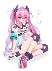  1girl absurdres blush grace_(sound_voltex) highres horns long_hair looking_at_viewer open_mouth pink_hair purple_eyes shirt shoes simple_background sitting solo sound_voltex white_background yunbei3  rating:Sensitive score:1 user:BlackRasis109_