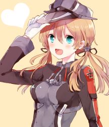  10s 1girl anchor_hair_ornament bad_id bad_pixiv_id blonde_hair blue_eyes cross gloves hair_ornament hair_ribbon hat heart iron_cross kanai_(mahoro) kantai_collection looking_at_viewer open_mouth prinz_eugen_(kancolle) ribbon solo twintails 