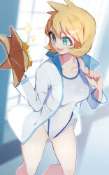  1girl bare_legs breasts closed_mouth competition_swimsuit covered_abs covered_navel creatures_(company) curvy game_freak gen_1_pokemon green_eyes highleg highleg_swimsuit highres jacket looking_at_viewer medium_breasts misty_(pokemon) nintendo one-piece_swimsuit open_clothes open_jacket orange_hair pokemon pokemon_hgss rindoriko shiny_skin simple_background smile solo staryu swimsuit thighs white_jacket white_one-piece_swimsuit wide_hips 