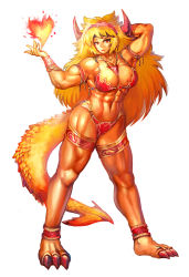 abs biceps breasts claws colored_skin dragon_girl dragon_tail fire highres horns jewelry lips long_hair monster_girl muscular muscular_female orange_skin pendant red_eyes tail toned yilx rating:Sensitive score:38 user:R-998
