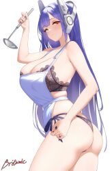 1girl absurdres apron artist_name ass baozi blue_hair bra breasts closed_mouth commission cowboy_shot darkswan food girls&#039;_frontline headgear highres holding holding_ladle jewelry lace lace-trimmed_bra lace_trim ladle large_breasts long_hair longevity_peach_bun looking_at_viewer orange_eyes panties ring side-tie_panties simple_background smile solo tar-21_(girls&#039;_frontline) underwear wedding_ring white_apron white_background 