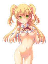  10s 1girl blonde_hair blush bottomless breasts breasts_out closed_mouth clothes_lift collared_shirt cowboy_shot eyebrows gluteal_fold green_eyes groin hair_bobbles hair_ornament highres idolmaster idolmaster_cinderella_girls jougasaki_rika lifting_own_clothes loli long_hair looking_at_viewer medium_breasts navel nipples pussy red_ribbon ribbon shirt shirt_lift simple_background smile solo standing stomach sweater_vest takayuuki twintails two_side_up uncensored very_long_hair white_background white_shirt  rating:Explicit score:54 user:danbooru