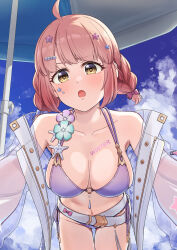  1girl absurdres ahoge all_fours bare_shoulders beads belt bikini blue_sky blush bow bowtie braid breasts chieru_(princess_connect!) chieru_(winter)_(princess_connect!) cleavage collarbone from_below hair_bow hair_ornament highres jacket k-ya. large_breasts low_twin_braids o-ring o-ring_top open_clothes open_jacket open_mouth parasol pink_hair princess_connect! purple_bikini see-through see-through_sleeves sky solo star_(symbol) star_hair_ornament star_in_eye swimsuit symbol_in_eye thighs twin_braids umbrella white_belt yellow_eyes 