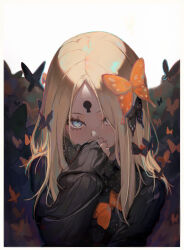  1girl abigail_williams_(fate) absurdres black_bow black_dress blonde_hair blue_eyes blush bow breasts bug butterfly dress fate/grand_order fate_(series) forehead hair_bow highres insect keyhole koko_sasuwo long_hair long_sleeves looking_at_viewer orange_bow parted_bangs ribbed_dress sleeves_past_fingers sleeves_past_wrists small_breasts smile solo  rating:General score:27 user:danbooru