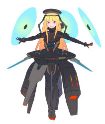  1girl armor black_gloves blonde_hair blunt_bangs bodysuit breasts brown_bodysuit closed_mouth covered_erect_nipples einhander elbow_gloves enkyo_yuuichirou full_body gloves halo highres long_hair looking_at_viewer medium_breasts outstretched_arms purple_eyes simple_background solo spread_arms standing white_background 