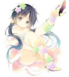  1girl bare_shoulders between_legs bikini black_hair breasts brown_eyes closed_mouth eyebrows flower frilled_bikini frills full_body fur_trim hair_flower hair_ornament hair_tie hand_between_legs head_tilt high_heels leg_ribbon leg_up long_hair looking_at_viewer low_twintails natsuki_coco original ribbon simple_background small_breasts smile solo string swimsuit twintails very_long_hair white_background 