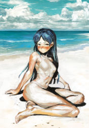 1girl bad_id bad_pixiv_id bare_arms bare_legs bare_shoulders barefoot bikini blue_hair blue_sky blush breasts brown_eyes closed_mouth cloud cloudy_sky commentary_request day highres horizon idolmaster idolmaster_(classic) kisaragi_chihaya long_hair looking_at_viewer nababa navel ocean outdoors sand sitting sky small_breasts solo sweat swimsuit traditional_media white_bikini rating:Sensitive score:21 user:danbooru