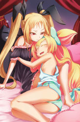  2girls absurdres armpits ass bare_shoulders blazblue blonde_hair bow breasts hair_bow highres multiple_girls non-web_source official_art platinum_the_trinity rachel_alucard red_eyes short_shorts shorts sideboob sleeping slit_pupils twintails upshorts  rating:Sensitive score:28 user:danbooru