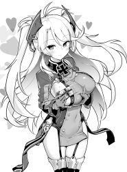 1girl azur_lane blush box breasts_squeezed_together breasts closed_mouth garter_straps gift gift_box gloves greyscale heart highres holding holding_gift hori_(hori_no_su) large_breasts long_hair long_sleeves looking_at_viewer mole mole_on_breast monochrome prinz_eugen_(azur_lane) sideboob simple_background smile solo thighhighs white_background rating:Sensitive score:20 user:danbooru