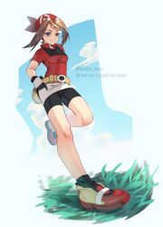  1girl ariekochan bandana bike_shorts black_footwear black_gloves blue_eyes blue_sky brown_hair closed_mouth cloud creatures_(company) fanny_pack game_freak gloves grass highres leg_up looking_at_viewer may_(pokemon) nintendo on_grass pokemon pokemon_rse red_bandana red_footwear red_shirt shirt shoes short_sleeves shorts sky smile solo twitter_username two-tone_gloves white_gloves 
