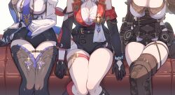  3girls absurdres black_gloves blue_necktie breasts brown_shorts brown_sleeves cleavage close-up detached_sleeves eula_(genshin_impact) genshin_impact gloves head_out_of_frame highres honkai:_star_rail honkai_(series) honkai_impact_3rd large_breasts legs long_sleeves lower_body medium_breasts multiple_girls necktie shorts thigh_focus thigh_strap thighhighs thighs topaz_(honkai:_star_rail) vill-v yumegiwa_(skgl_thx) 