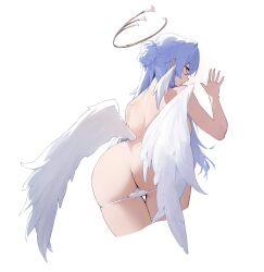 1girl absurdres angel_wings artist_name ass back bent_over blue_hair closed_mouth commentary_request cropped_legs feathered_wings from_behind green_eyes hair_over_shoulder half_updo halo hand_up head_wings highres honkai:_star_rail honkai_(series) light_blue_hair long_hair looking_at_viewer looking_back nude panties panty_pull robin_(honkai:_star_rail) simple_background solo standing sukaliya thigh_gap topless underwear white_background white_panties white_wings wings 