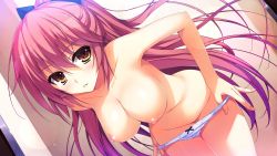 1girl akusera bent_over bow bow_panties breasts brown_eyes collarbone dutch_angle fingernails game_cg hanging_breasts highres large_breasts long_hair navel nipples one_side_up panties panties_only panty_pull parted_lips pink_hair reminiscence solo tomose_shunsaku topless underwear underwear_only undressing very_long_hair white_panties rating:Questionable score:114 user:danbooru