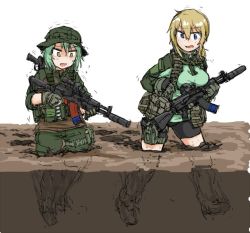  2girls dutchko gun lita_(dutchko) military_uniform mud multiple_girls russia simple_background vesna_(dutchko)  rating:Sensitive score:19 user:Skwish_