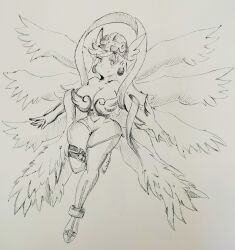 1girl absurdres angewomon angewomon_(cosplay) breasts cleavage cosplay digimon female_focus highres large_breasts leni_loud monochrome solo the_loud_house traditional_media wings 